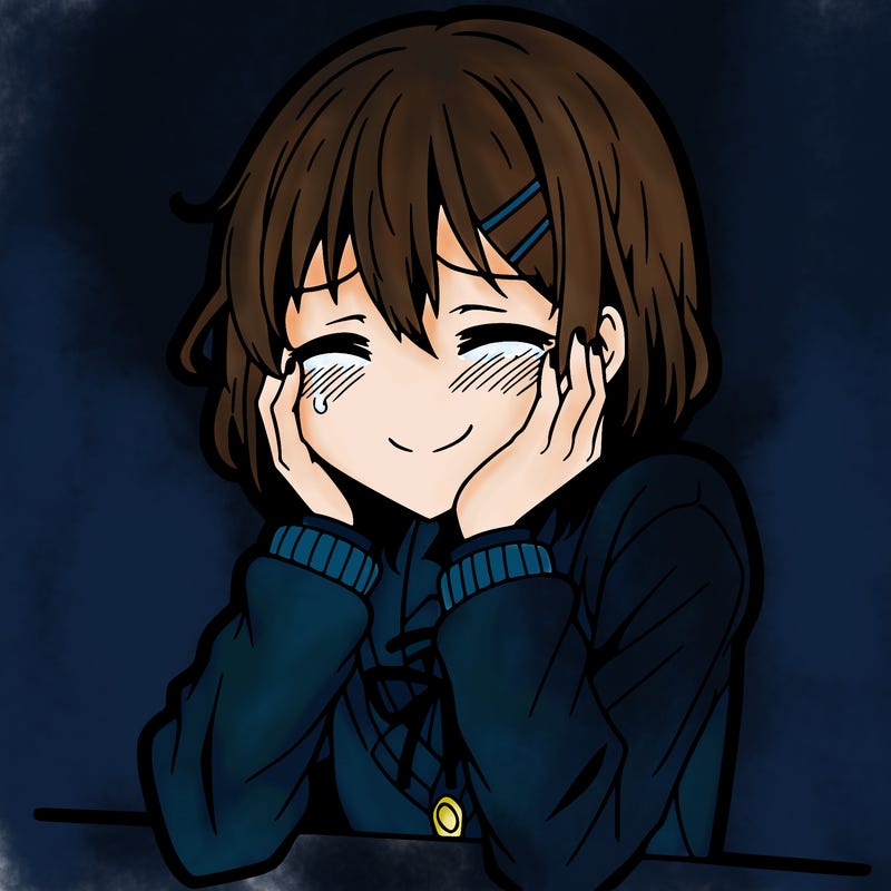 depressed anime character but smiling