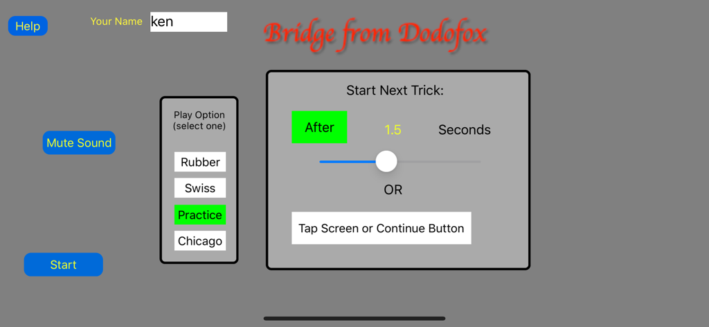 Menu screen of Master's Bridge app with game mode selections.