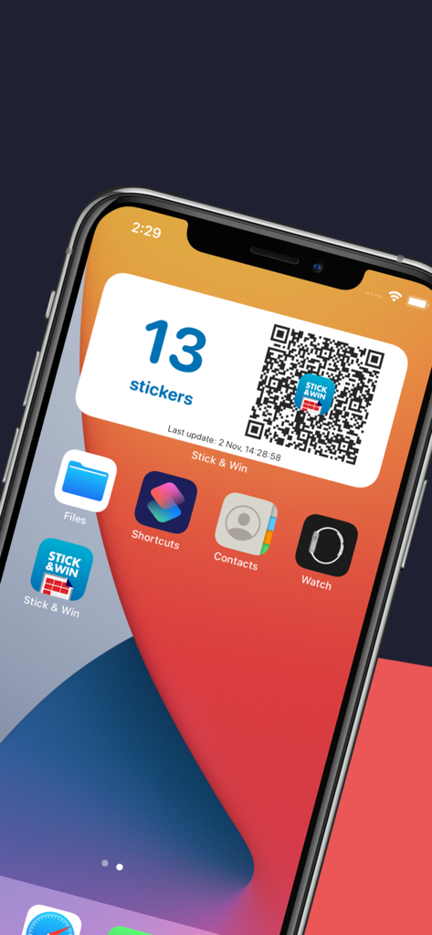Stick & Win - Stick and Win mobile app widget showing sticker count and a QR code on an iPhone home screen.
