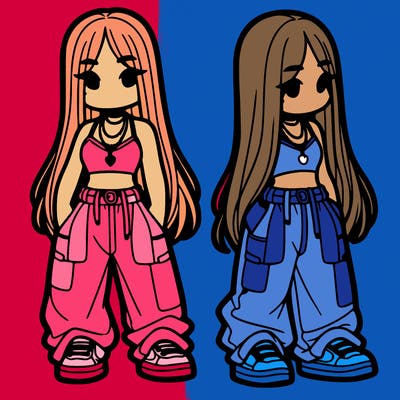 girl in baggy pants crop top and long hair
