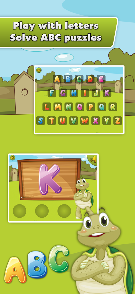 ABC Kids Alphabet Games - Interfaz de ABC Kids Juegos de Alfabeto mostrando rompecabezas educativos de letras y una amigable mascota tortuga