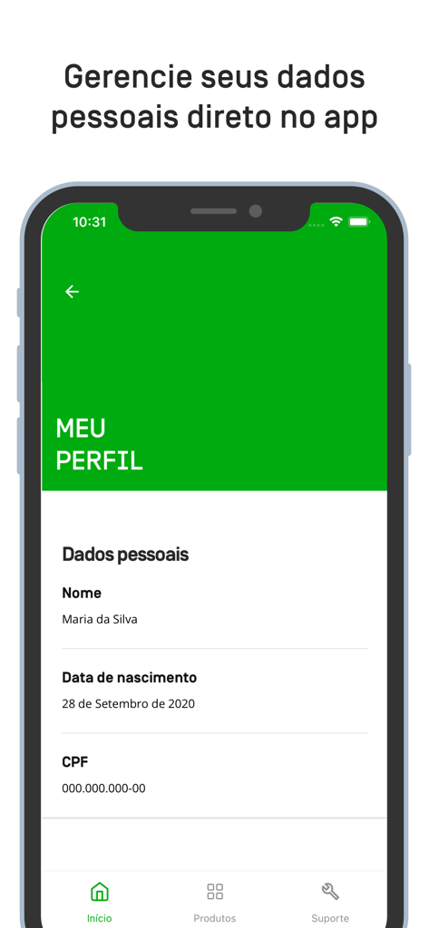 Oi_e - Oi_e app screen showing the profile section with personal data fields including name and date of birth.