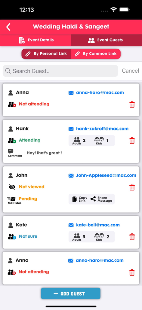 Video Invitation Maker Ecards - RSVPのステータスとゲスト数を示す結婚式イベントのゲストリスト管理画面