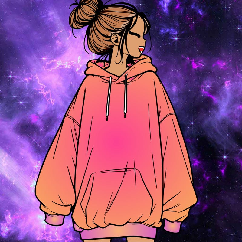 realistic girl with a oversized sweatshirt on and a bun