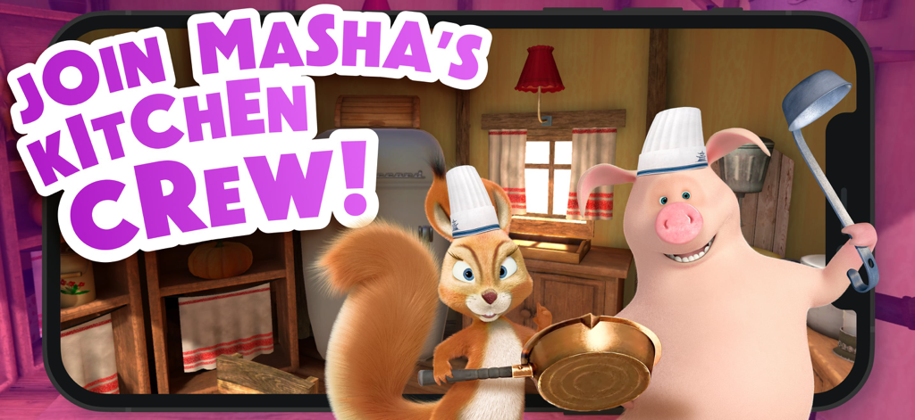 Masha and the Bear: Cook food - Una ardilla y Rosie la Cerda con gorros de chef en la cocina con el texto Únete a la Brigada de Cocina de Masha.