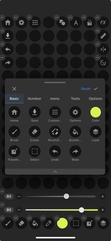 Una captura de pantalla de la interfaz de la aplicación de dibujo MediBang Paletta que muestra un menú de personalización para herramientas básicas como pinceles, capas y opciones de deshacer.