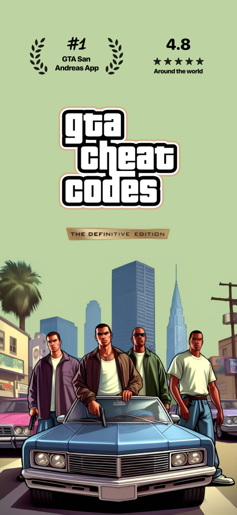 GTA San Andreas Cheats & Codes - GTA San Andreas Cheats and Codes app cover showing game characters standing next to a classic car in a city setting