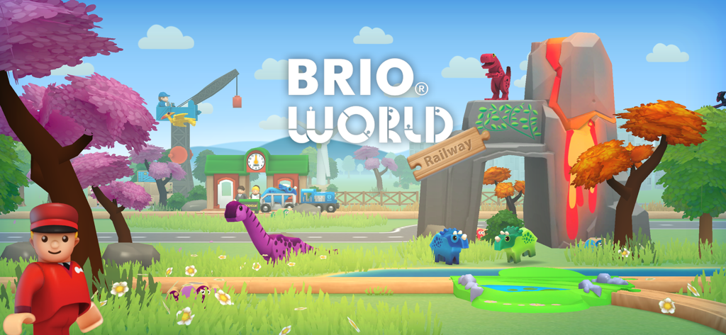 BRIO World - Railway - Promotional scene for BRIO World Railway featuring a colorful toy world with dinosaurs and train tracks