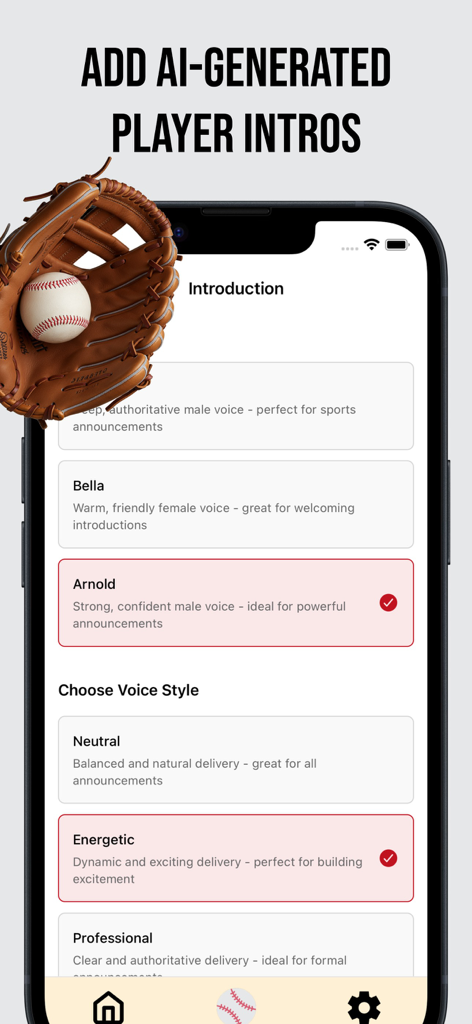 Baseball Walk-Up Songs - Interface of the Baseball Walk-Up Songs app showing options to select AI-generated announcer voices and delivery styles for player introductions.