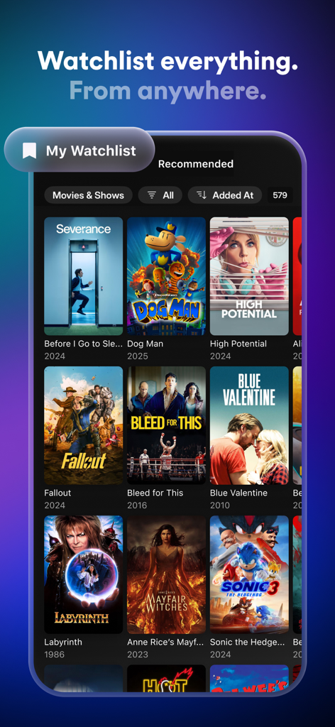 Plex mobile app interface showing a personalized watchlist of movies and TV shows like Fallout and Sonic the Hedgehog
