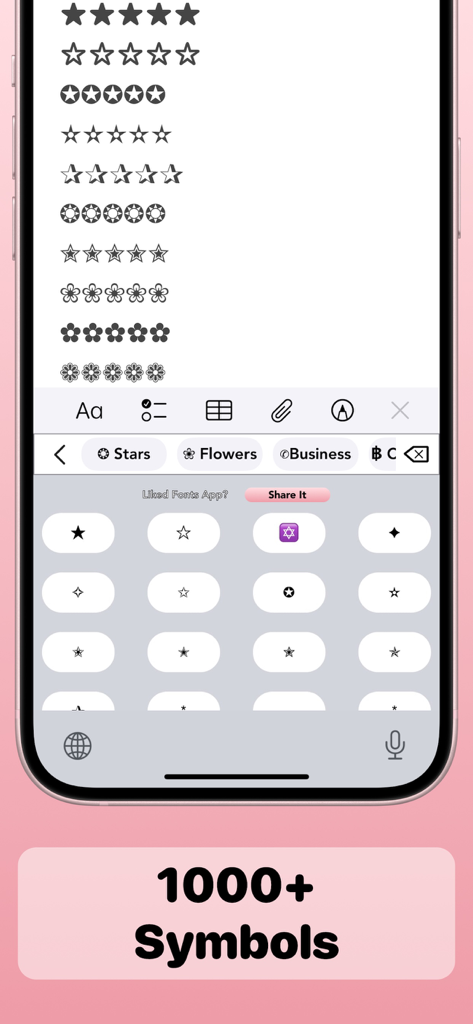 Fonts App - Cool Font Keyboard - Mobile keyboard interface showing a variety of decorative star and flower symbols from the Fonts App