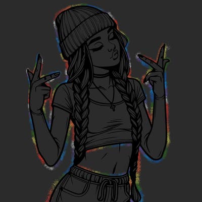realistic teenage girl with braids and a beanie and crop top doing 🫶🏼