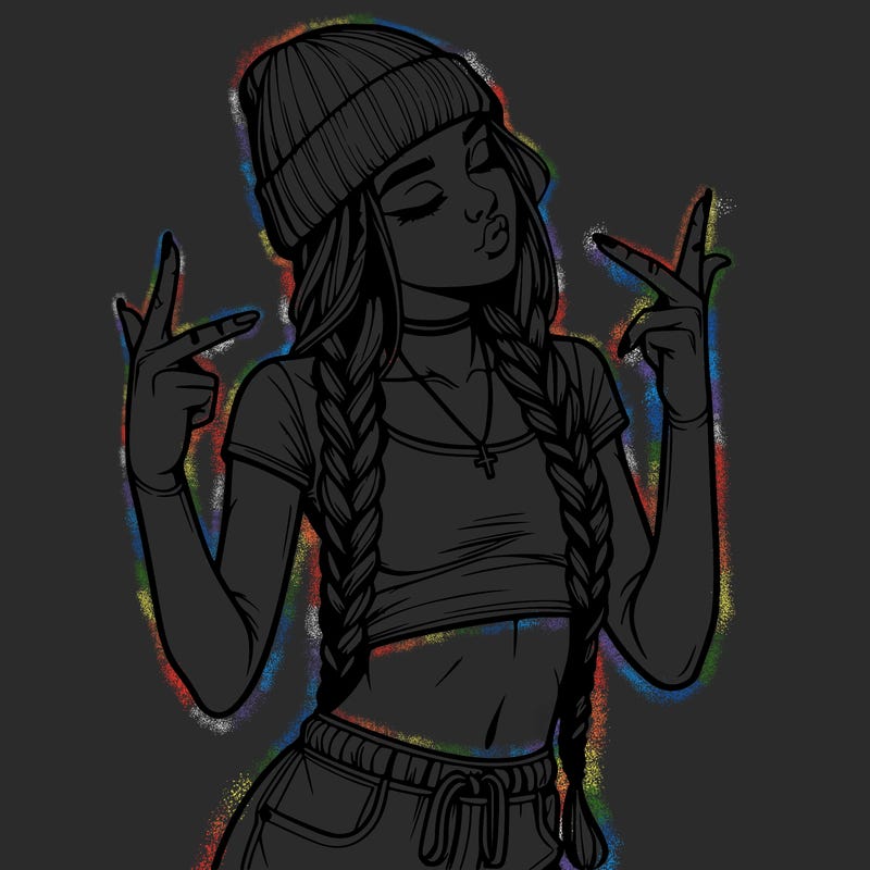 realistic teenage girl with braids and a beanie and crop top doing 🫶🏼
