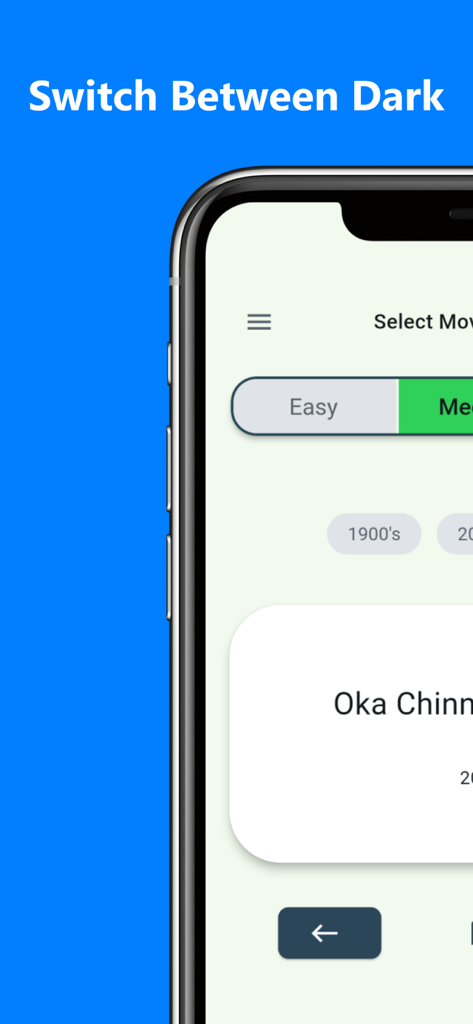 Dumb Charades Telugu - User interface of the Dumb Charades Telugu app showing movie difficulty levels and era filters.
