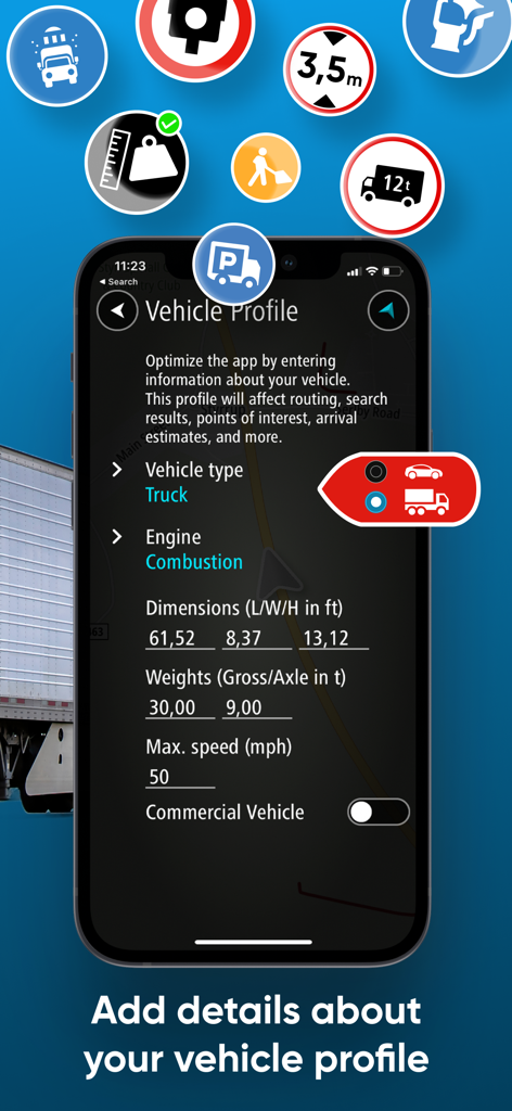 TomTom GO Expert: Truck GPS - TomTom GO Expert App-Bildschirm zur Eingabe von LKW-Abmessungen, Gewicht und Höchstgeschwindigkeit zur Optimierung der Routenplanung