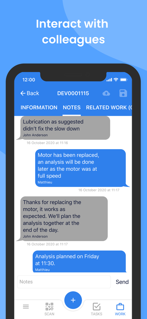 Mobile app screen showing a collaborative chat interface for industrial workers to discuss maintenance tasks and notes