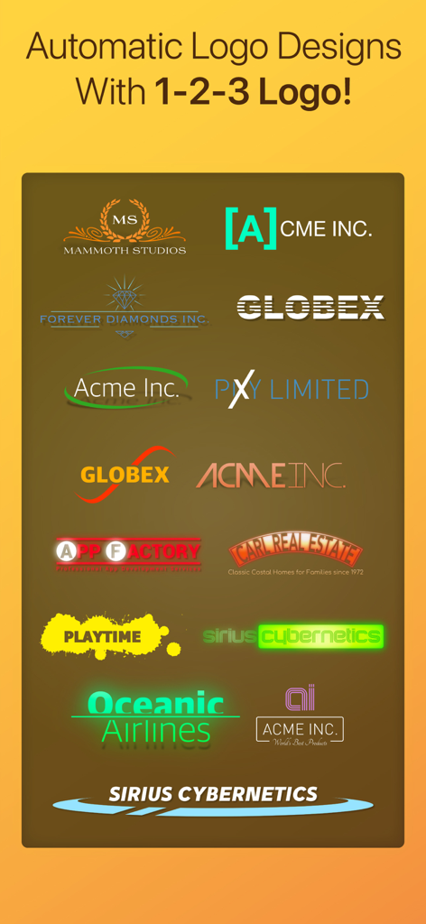 Une variété de styles de conception de logos générés automatiquement par la fonctionnalité 1-2-3 Logo de Logoist 5.