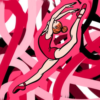 gymnast doing a leap in a leotard with a bent back leg