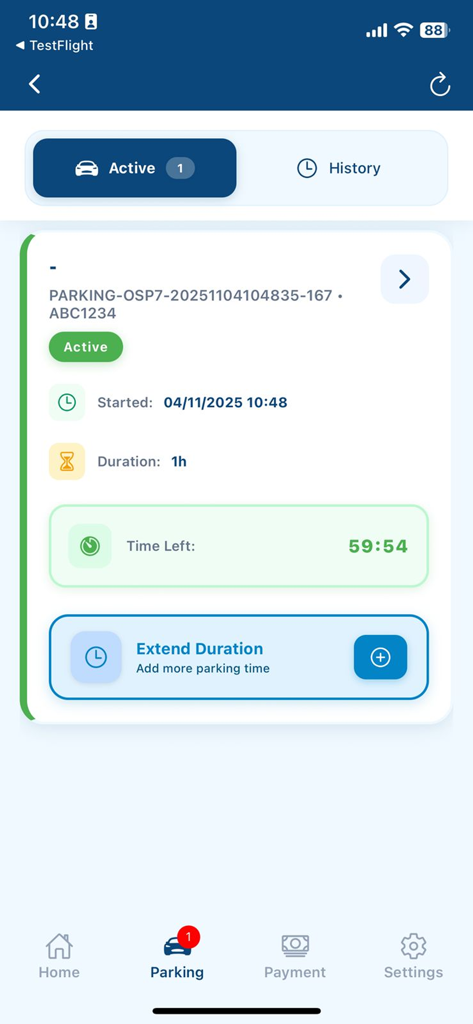 PINTAR Smart Parking App - Active parking session screen on the PINTAR app showing time remaining and the option to extend duration
