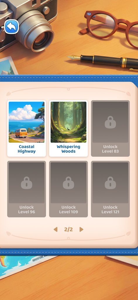 Tile Journey - Matching Puzzle - Tile Journey game level selection menu showing unlocked scenic themes like Coastal Highway and Whispering Woods