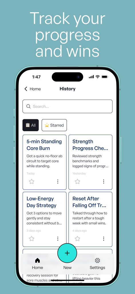 WorkoutBuddy: AI Fitness Coach - WorkoutBuddy app interface displaying a history of tracked workouts and fitness progress wins