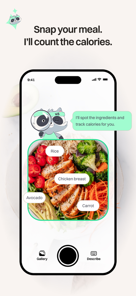 WeightBuddy: Calorie Tracker - Interface de l'application mobile WeightBuddy montrant l'identification des aliments par IA à partir d'une photo de repas pour un suivi facile des calories.