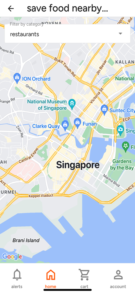 Map view of the treatsure app showing nearby surplus food locations in Singapore