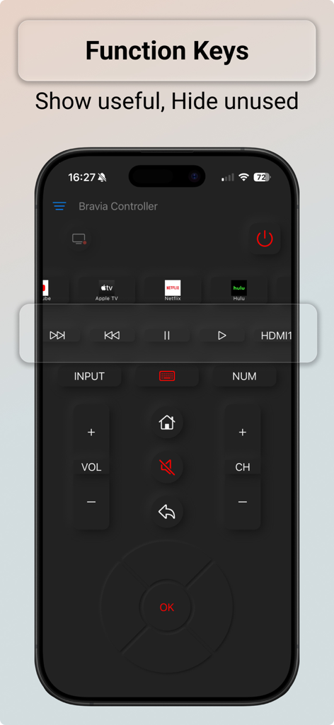 Screenshot of the Bravia Controller app showing various TV remote function keys on an iPhone