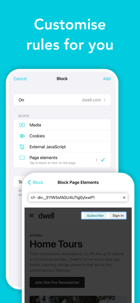 Ad blocker by Magic Lasso - Interface do aplicativo Magic Lasso Adblock mostrando como personalizar regras para bloquear cookies de mídia e elementos de página em um site.