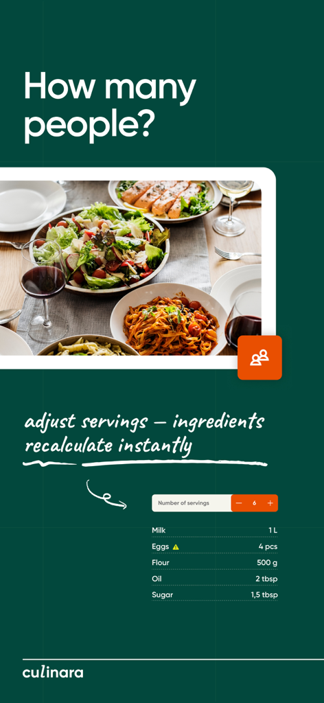Culinara app feature showing how recipe ingredients automatically recalculate based on the number of people