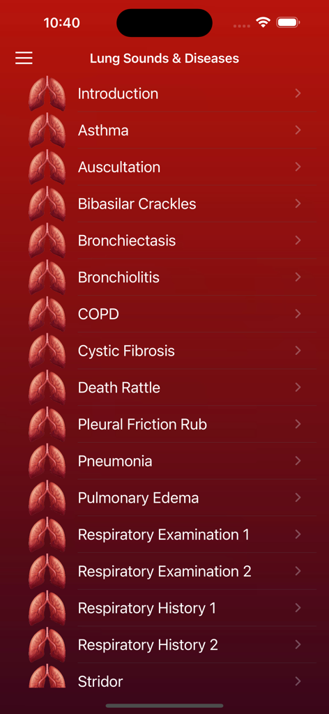 Heart Sounds and Lung Sounds - A menu list within the medical app showing various lung sounds and respiratory diseases such as asthma, COPD, and pneumonia.