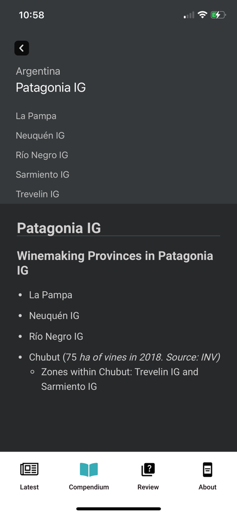 GuildSomm - GuildSomm app compendium screen detailing winemaking provinces in Patagonia Argentina
