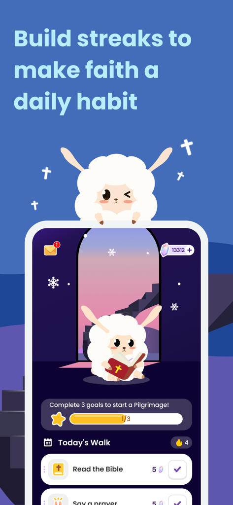 FaithTime: Devotion&Community - FaithTime app interface showing a daily habit tracker with a cute lamb character reading the Bible