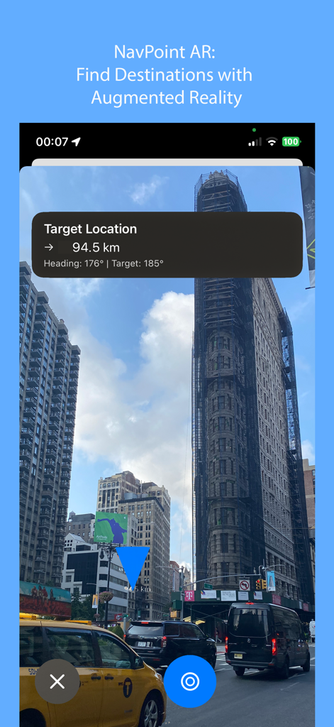 Global Locator app augmented reality interface showing a target destination marker in a city view