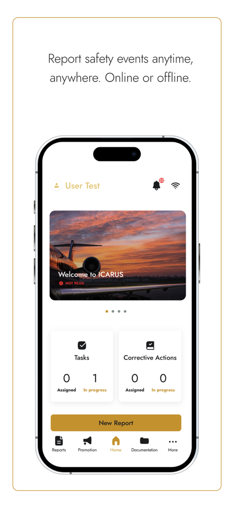 ICARUS SMS mobile app dashboard for aviation safety reporting featuring task overview and offline reporting capabilities
