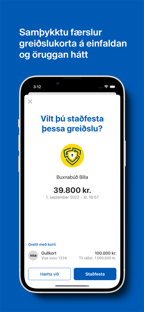 Arion banki - iPhone screen showing a secure payment confirmation interface in the Arion banki mobile app