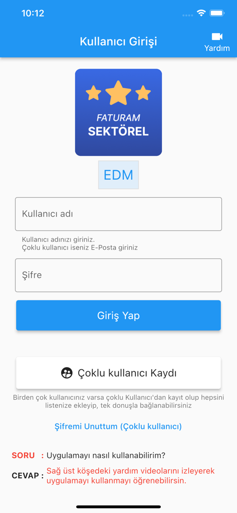 Tela de login do usuário para o aplicativo móvel de nota fiscal eletrônica Faturam Sektörel