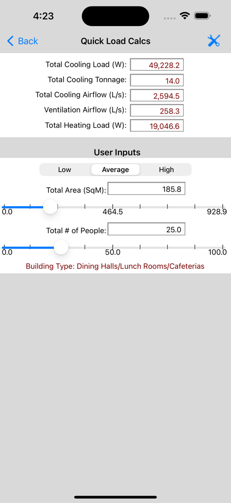 HVAC Quick Load app interface showing cooling and heating load calculation results for a dining hall