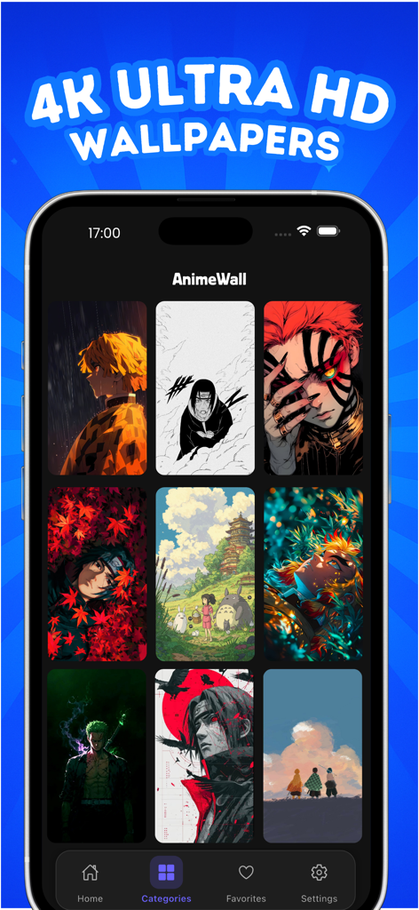 AnimeWalls:Anime Wallpapers - Interfaz de la aplicación AnimeWalls que muestra una galería de fondos de pantalla de anime 4K Ultra HD en un smartphone