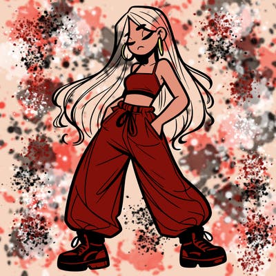 girl in baggy pants crop top and long hair