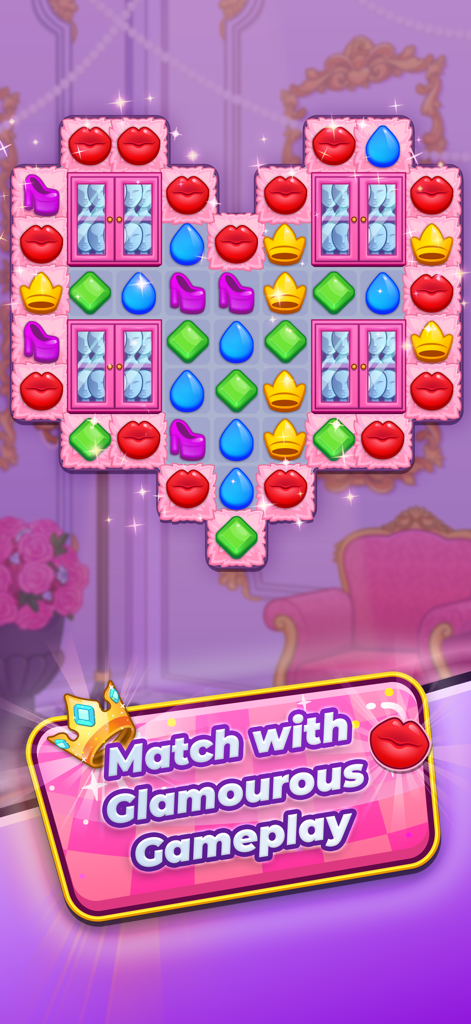 RuPaul's Drag Race Match Queen - A heart shaped match three puzzle board featuring glamorous drag themed icons in the RuPaul's Drag Race Match Queen mobile game
