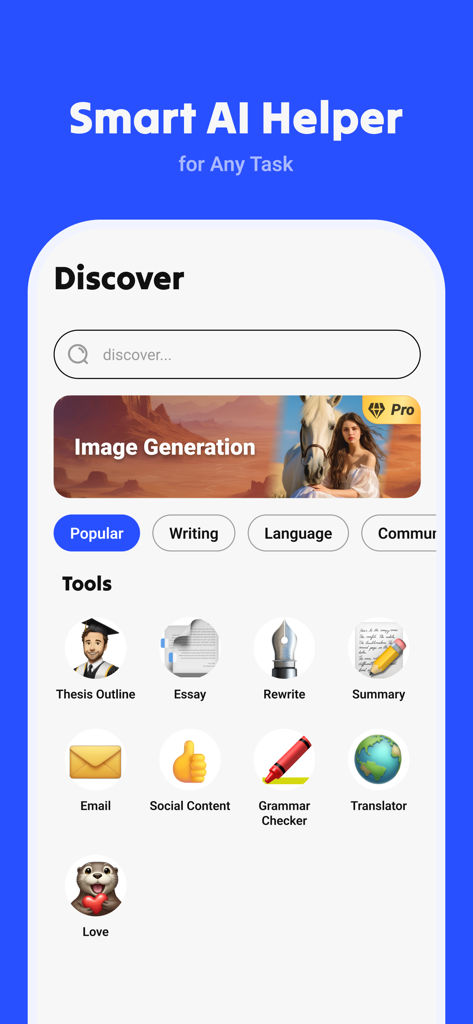 Interfaz de la aplicación AI Chatting que muestra la pantalla de descubrimiento con varias herramientas de productividad impulsadas por IA como redacción de ensayos y generación de imágenes