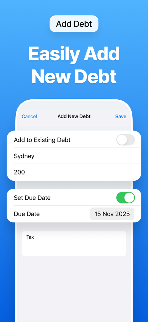 Debt Tracker & Manager - Interfaz para agregar una nueva entrada de deuda con campos para nombre, monto y fecha de vencimiento