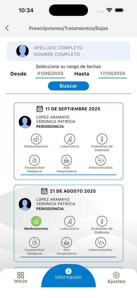 Interface of the CSBP Móvil app showing medical prescriptions and treatment history
