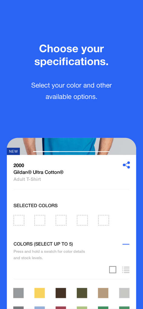 Gildan Product Locator - Interface of the Gildan Product Locator app for selecting t-shirt colors and specifications
