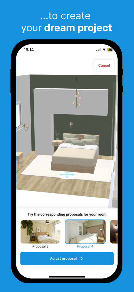HomeByMe app interface showing a 3D bedroom design with different furniture layout proposals