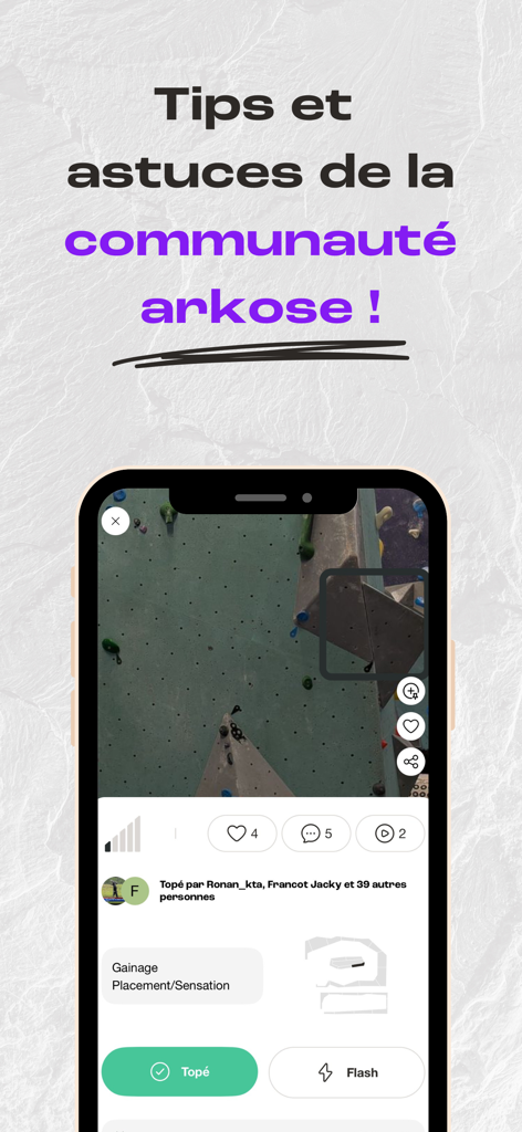 Arkose+ - Arkose plus mobile app screen displaying climbing tips from the community and progress tracking features