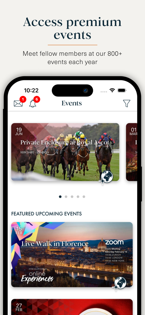 ASMALLWORLD - Smartphone screen of ASMALLWORLD app showing exclusive member events like Royal Ascot and virtual city tours