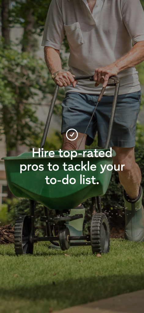 A person using a lawn spreader on a green yard with text about hiring top rated pros for home services