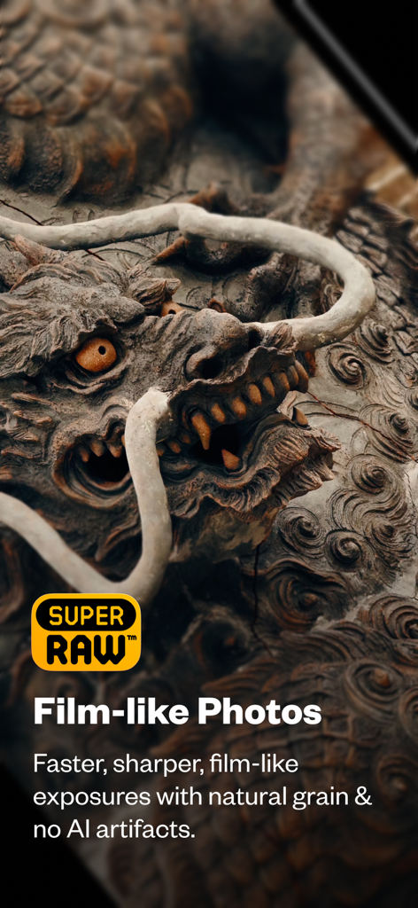 Close-up of a textured dragon statue showcasing natural grain and film-like photography results in the Not Boring Camera app.